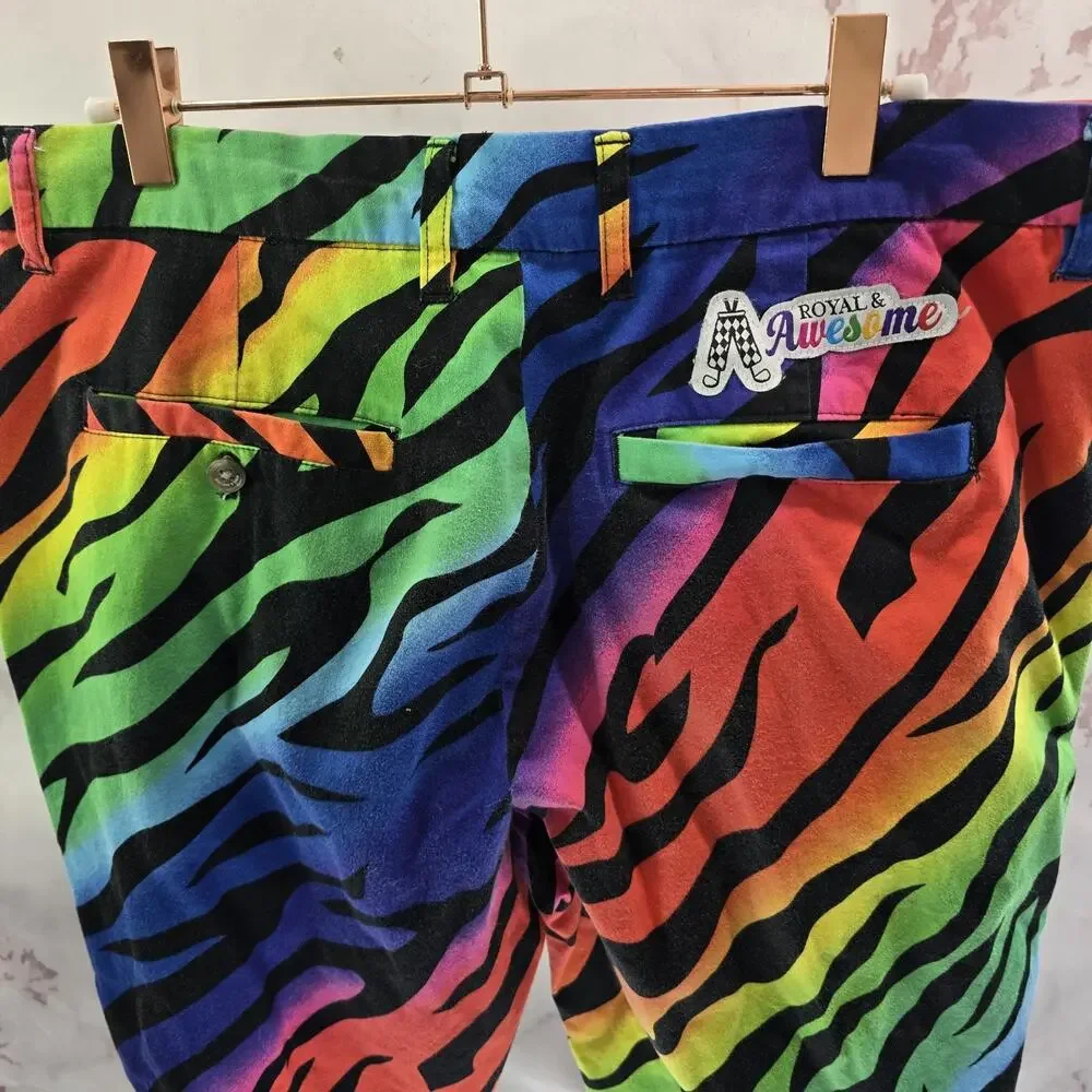 Royal Awesome Pants Mens 36 X 30 Zebra Tiger Rainbow Chino Pride Neon